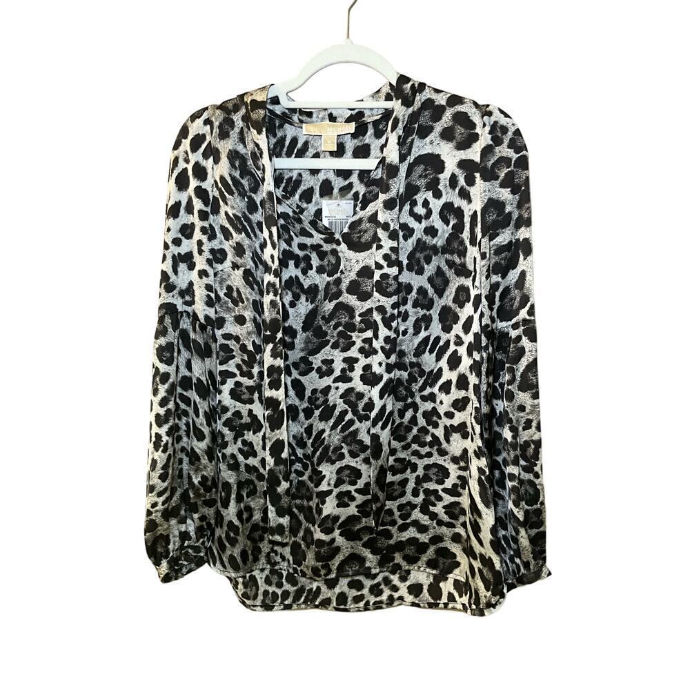 Michael Kors Blouse‎ Top Women's M Multicolor Leopard Print Long Sleeve Neck Tie